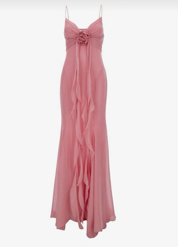 Sheath Spaghetti Straps Pink Chiffon Long Party Dress Prom Dresses SD1400